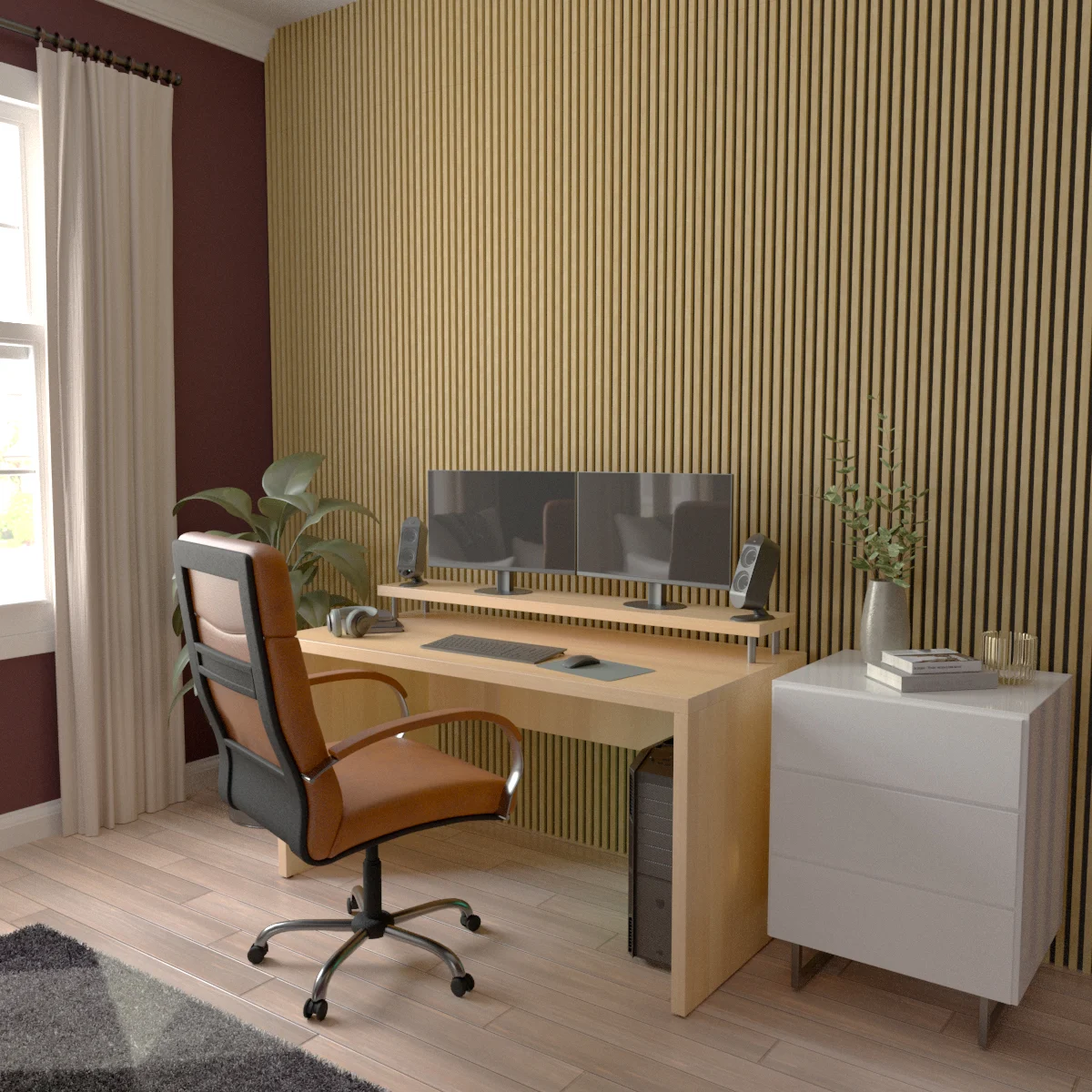 Acoustic slat wall panels in office room with speakers